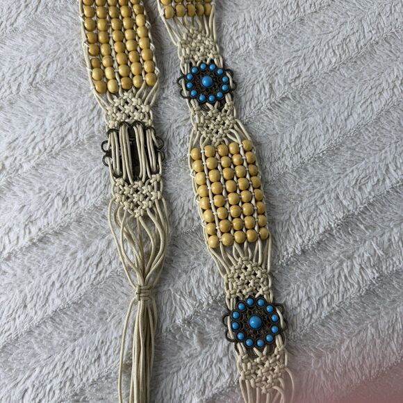 Macrame Beaded Tie Waist Belt Retro Western Boho Festival Turquoise Color Detail - Picture 4 of 7